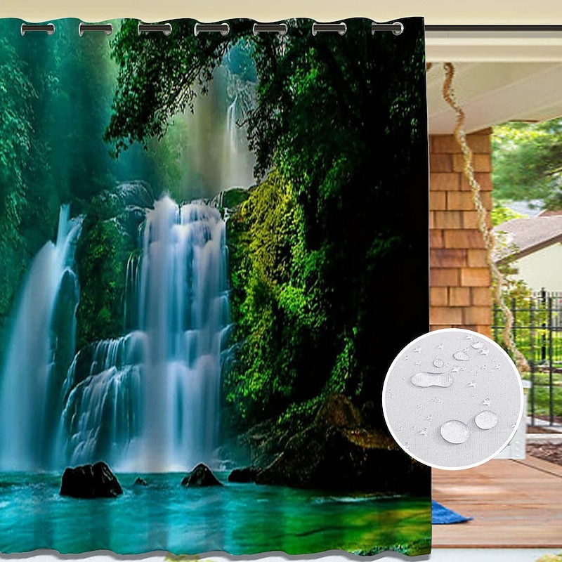 2 Panels Outdoor Curtain Privacy Waterproof, Sliding Patio Curtain Drapes, Pergola Curtains Grommet 3D Forest Landscape For Gazebo, Balcony, Porch, Party3