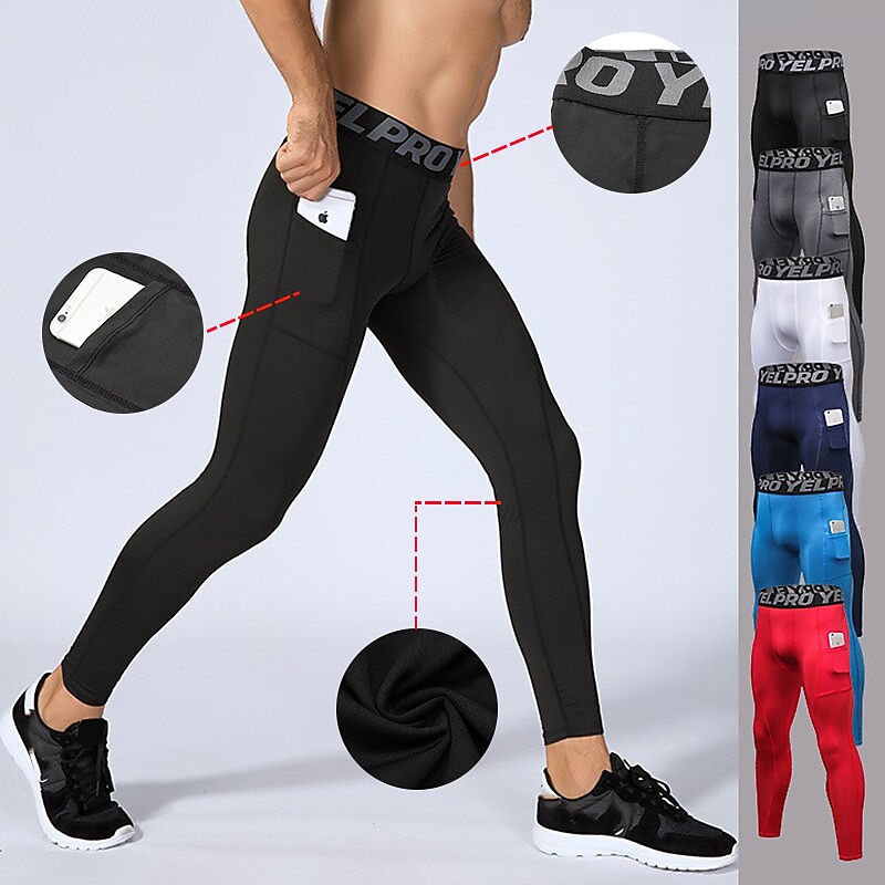 Men's Running Tights Leggings Compression Pants with Phone Pocket High Waist Base Layer Winter Tummy Control Butt Lift Quick Dry Fitness Gym Workout Running Sportswear Activewear Black White Red