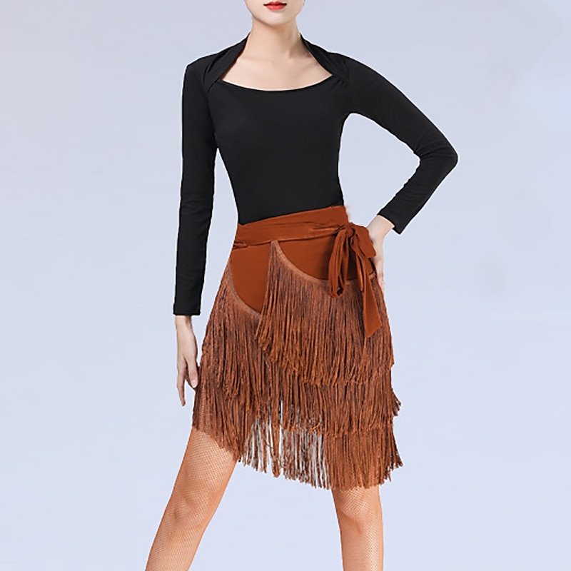 Latin Dance Skirts Leopard Print Printing Fringed Tassel Women's Performance Training High Polyester3