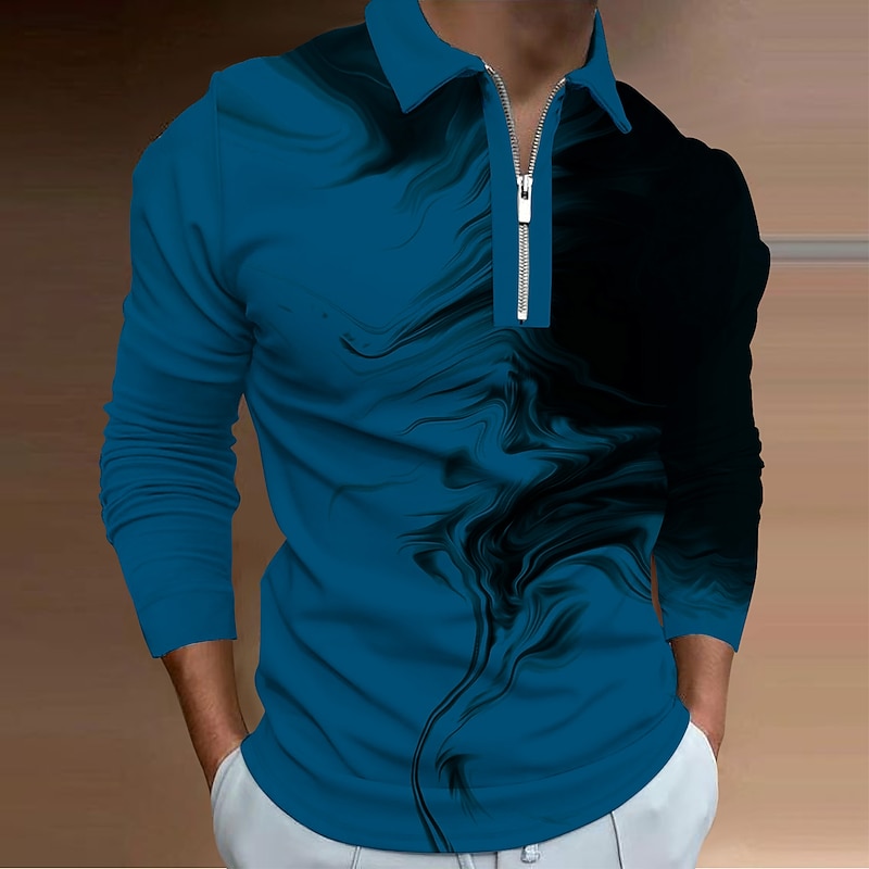 Men's Graphic Zip Polo Shirts Golf Shirt Long Sleeve Polo Shirts Collared Shirts Casual Vacation Wear Rave Wear Party Outfits 3D Print Quarter Zip Polo Black White Blue3
