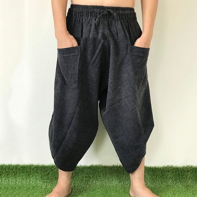 Men's Linen Pants Trousers Summer Pants Beach Pants Drawstring Elastic Waist Drop Crotch Plain Comfort Breathable Outdoor Daily Streetwear Linen / Cotton Blend Stylish Casual Black Blue Micro-elastic4