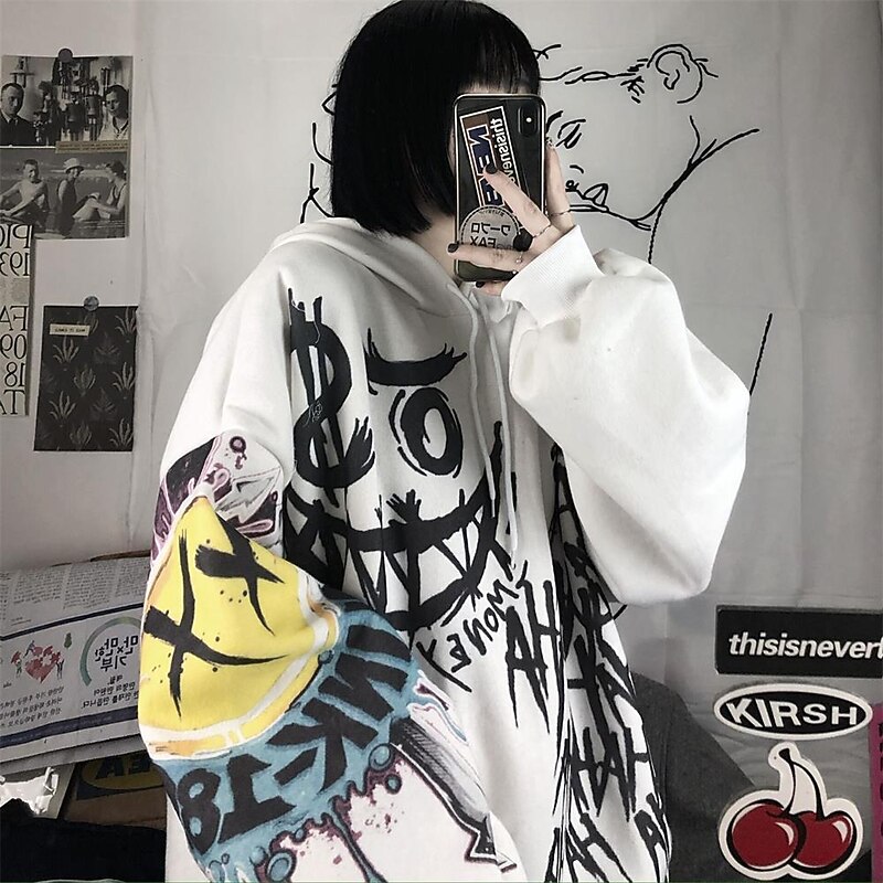 Smile Face Print Oversized Hoodie Sweater Punk Goth Hip-Hop Street BF Style Harajuku Women's Adults' Halloween Casual Daily3