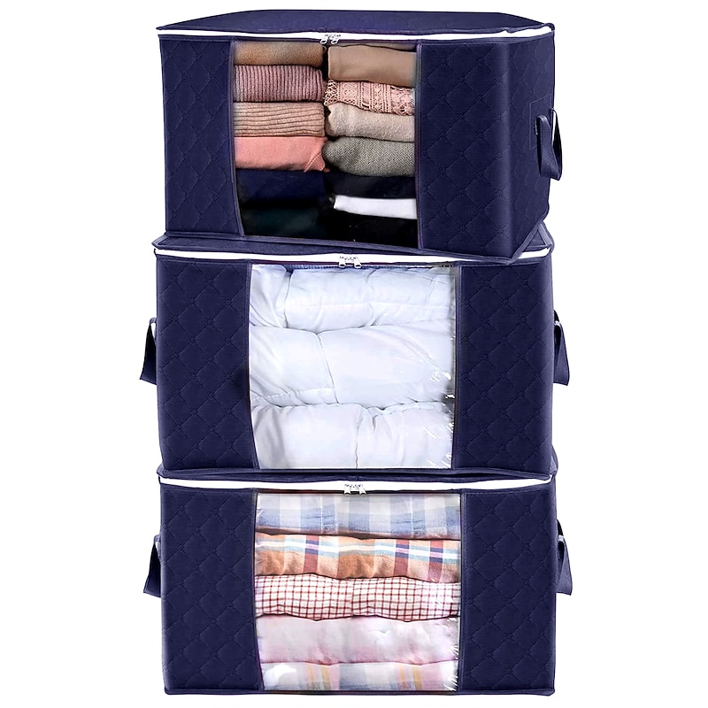 3 Pack, 90L Large Capacity Clothes Storage Bag Organizer with Reinforced Handle Thick Fabric for Comforters, Blankets, Bedding, Foldable with Sturdy Zipper, Clear Window