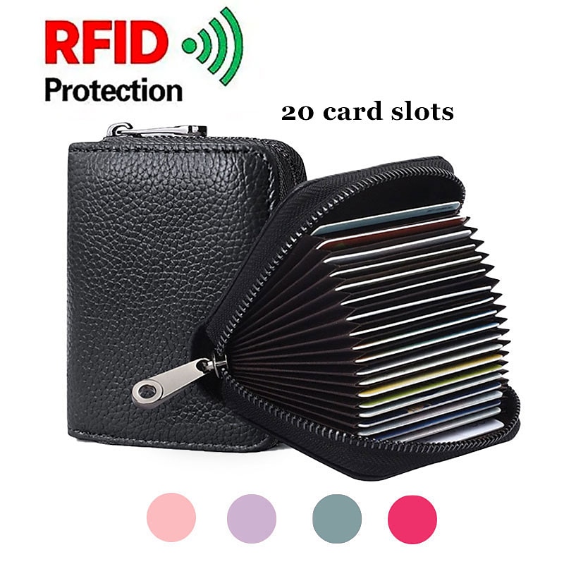 RFID 20 Card Slots Credit Card Holder Genuine Leather Small Card Case for Women or Men Accordion Wallet with Zipper