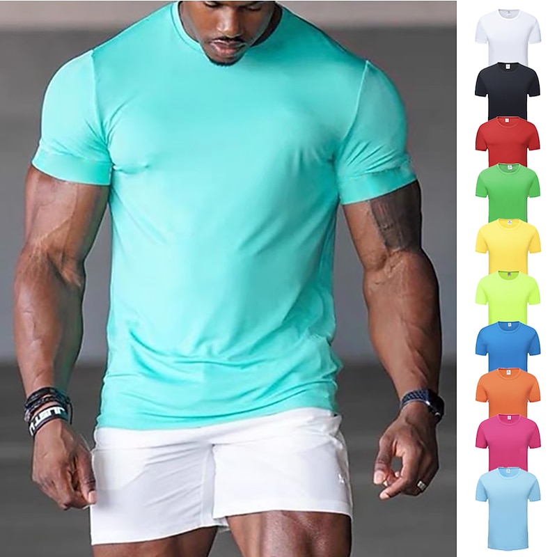 Men's Short Sleeve Crew Neck Summer Solid Colored Athletic Black White Yellow Top Tee for Men