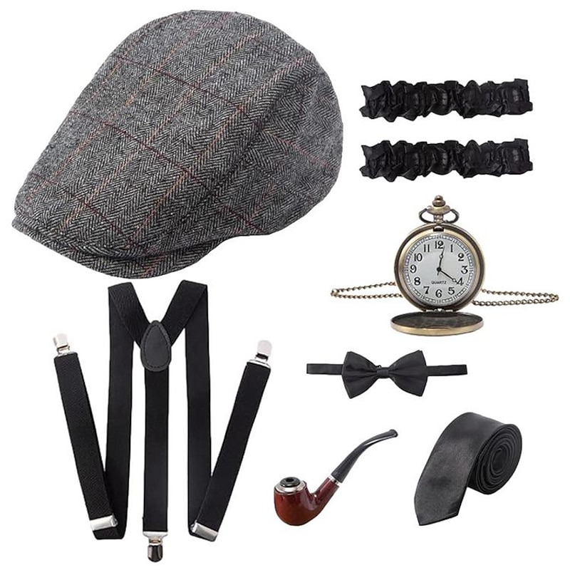 7 Pcs 1920s Gangster Costume Men Gatsby Beret Hat Retro Pocket Watch Y-Back Suspenders Tie Armbands Manhattan Mens Costume Accessories3