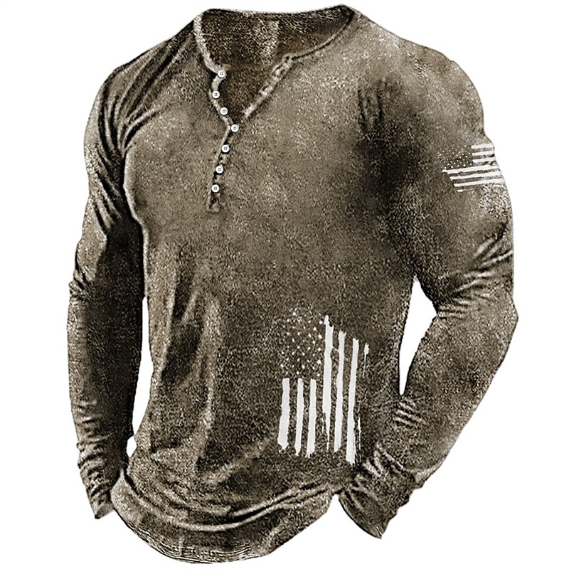 Men's Graphic Prints National Flag Henley Shirt Graphic Tee Long Sleeve Shirt Long Sleeve Hot Stamping Designer Basic Modern Contemporary Vacation Street Going out Spring &  Fall Black Red Navy Blue3
