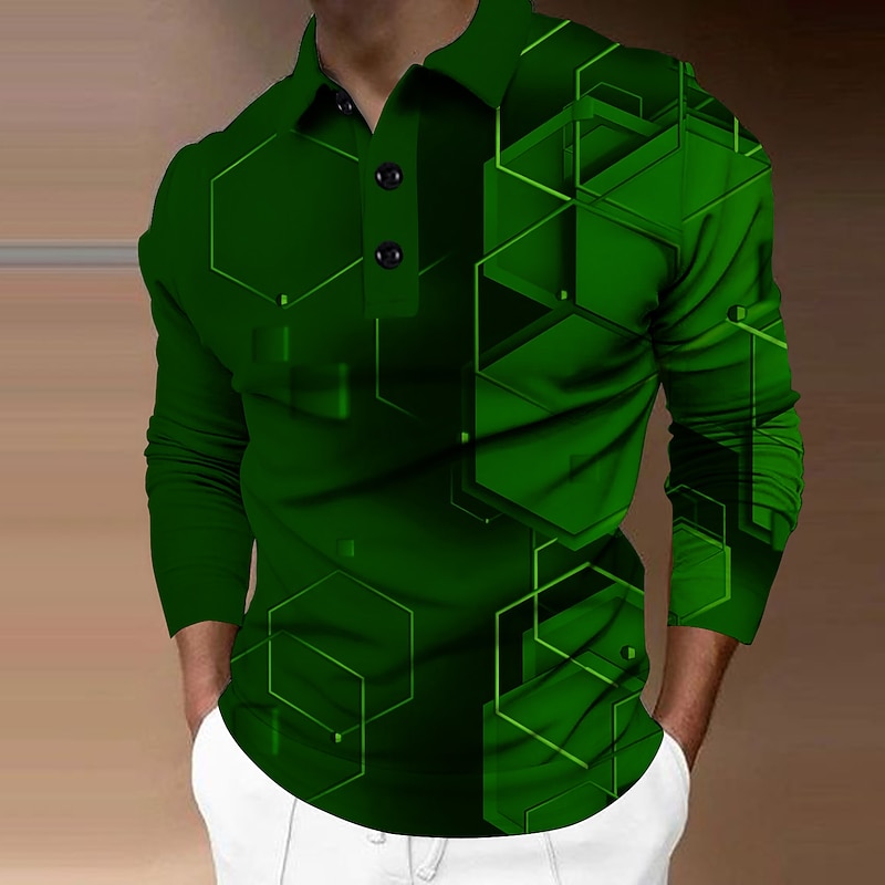 Men's Geometric Polo Shirts Golf Shirt Long Sleeve Polo Shirts Collared Shirts Casual Vacation Wear Formal Wear Festival Wear 3D Print Buttons Yellow Army Green Red3