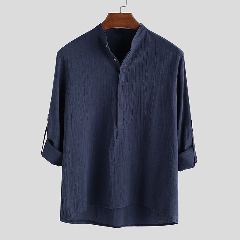 Men's Cotton Linen Shirt White Cotton Shirt Chinese Collar Shirt Mandarin Collar Shirt Summer Shirt Beach Shirt Plain Vacation Casual White Navy Blue Blue Brown Long Sleeve V Neck Spring &  Fall