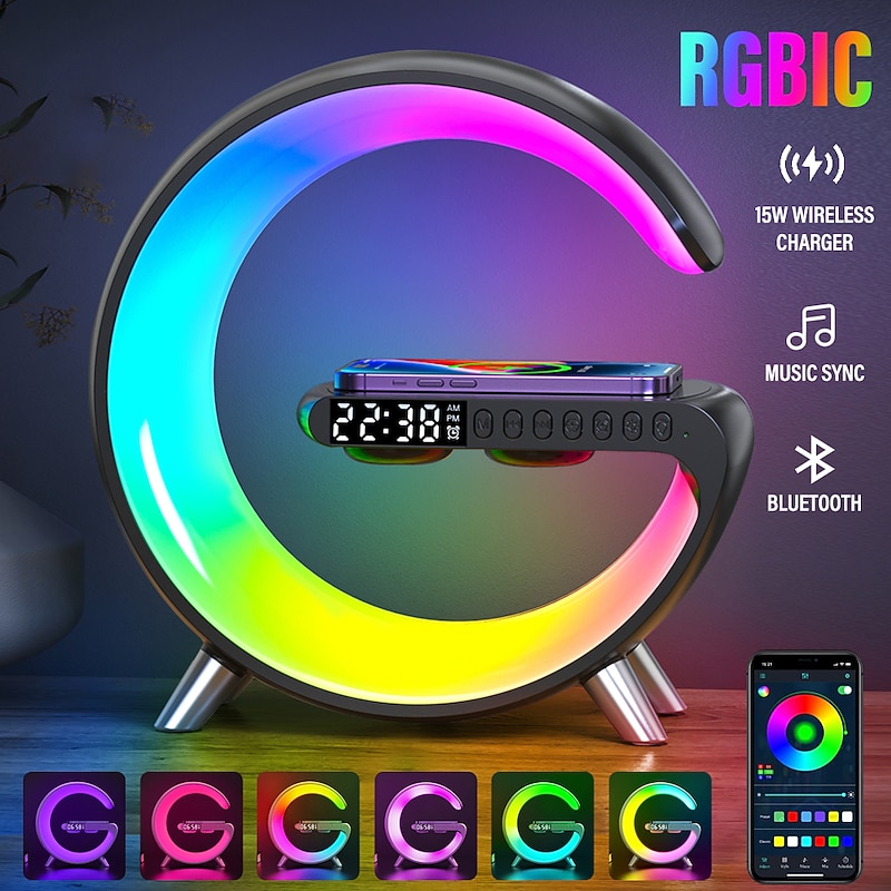 Rhythm RGBIC Light Bar LED Smart Light Bluetooth Speaker Alarm Clock Dimmable Wake Up Light Alarm Clocks Wireless Charging Table Lamp2