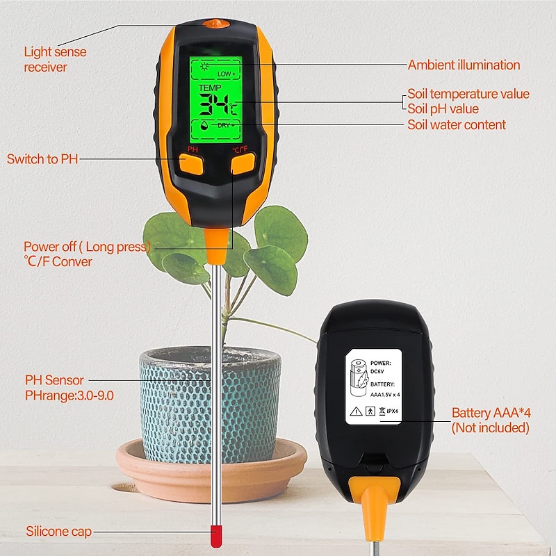 4-in-1 Soil Moisture Meter Inspection Plant Temperature/Soil Moisture/Soil PH Meter/Sunlight Intensity Test Meter for Gardening Farming Indoor and Outdoor Plants4
