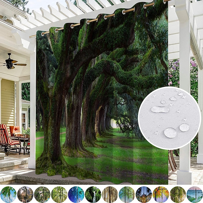 Waterproof Outdoor Curtain Privacy, Sliding Patio Curtain Drapes, Pergola Curtains Grommet 3D Forest Landscape For Gazebo, Balcony, Porch, Party, 1 Panel3