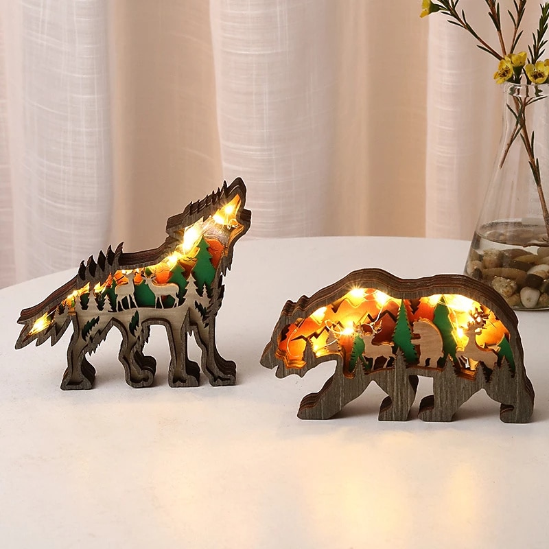 Wooden Animal Ornaments Led Light 3D Hollow Carving Home Room Decor Figurines Crafts Office Desk Bedroom Decoration Accessories3