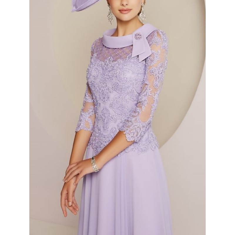 Sheath / Column Mother of the Bride Dress Wedding Guest Party Sweet Scoop Neck Tea Length Chiffon Lace 3/4 Length Sleeve with Pleats Beading2
