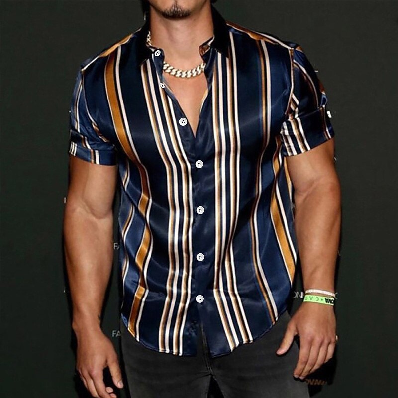 Men's Striped Geometric Pattern Shirt Short Sleeve Fashion Designer Casual Outdoor Daily Summer Collar Print Button-Down Black Red Blue Purple Green