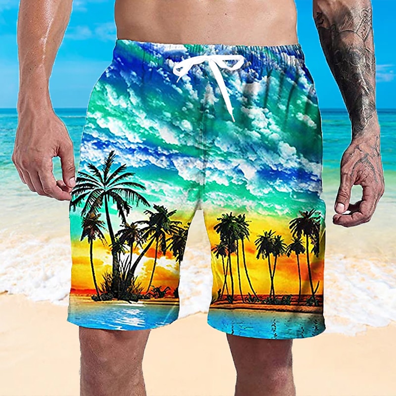 Men's Coconut Tree Print Swimming Trunks Bathing Suit Board Shorts Mid Waist Hawaiian Casual Athleisure Daily Holiday Pocket Drawstring with Mesh lining Designer Clothing Apparel2