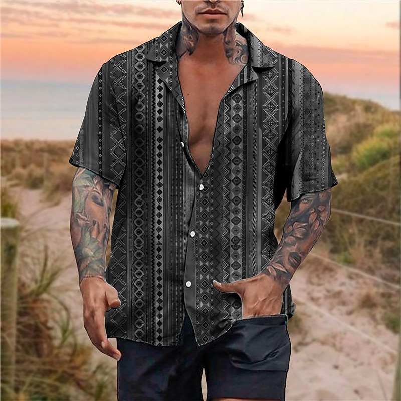 Men's Tribal Vintage Geometry Shirt Boho Shirt Button Up Shirt Short Sleeve Tropical Sports Fashion Casual Holiday Beach Summer Spring Cuban Collar Print Button-Down Blue Brown Gray3