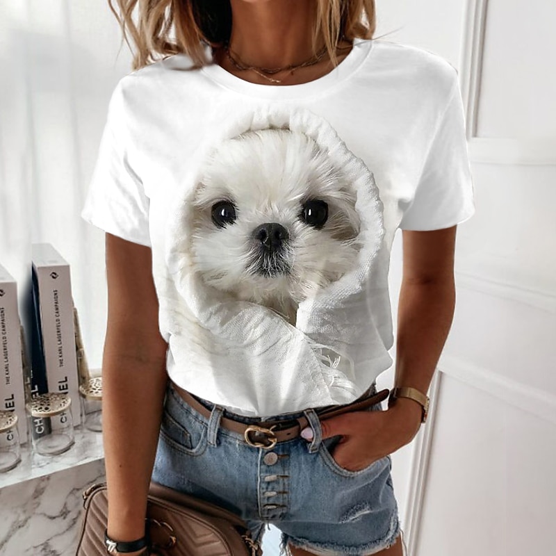 Women's T Shirt Dog Basic Short Sleeve Round Neck Regular Tops Daily Weekend Print Custom Print White Beige Gray3