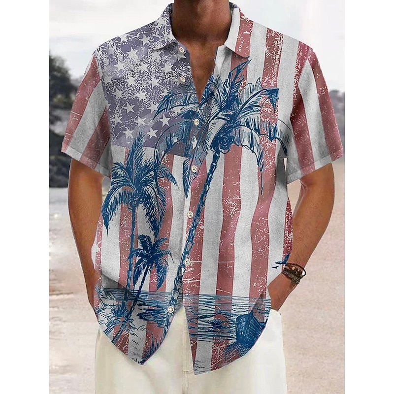 Men's Tropical Plants National Flag Shirt Summer Hawaiian Shirt Aloha Shirt Short Sleeves Shirt Turndown Sports Fashion Streetwear Outdoor Street Casual Red Blue Green S M L