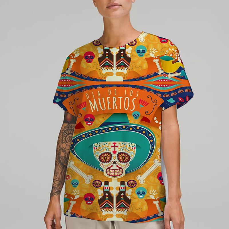 Sugar Skull Mexican T-shirt Print Graphic For Couple's Men's Women's Adults' Masquerade 3D Print Casual Daily4