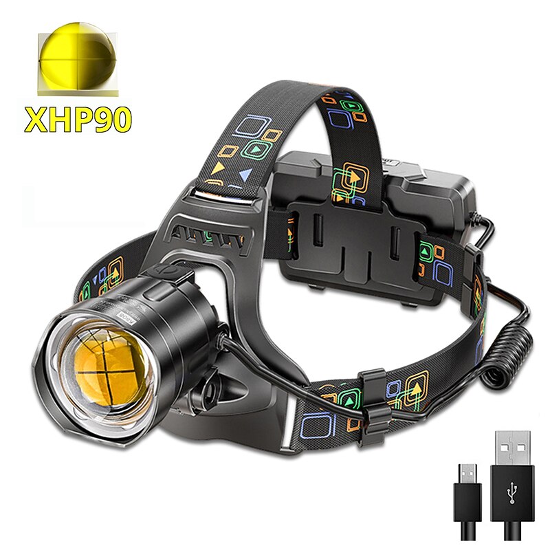 LED Headlamp Rechargeable Outdoor Super Bright With XHP90 Lamp Beads Waterproof Headlight Power Display Suitable For Exploration Hunting Fishing