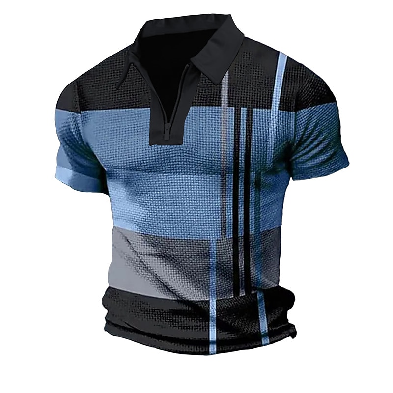 Men's Plaid Zip Polo Shirts Golf Shirt Short Sleeve Polo Shirts Collared Shirts Vintage Casual Vacation Wear Formal Wear Festival Wear 3D Print Quarter Zip Polo Light Green Red Blue2