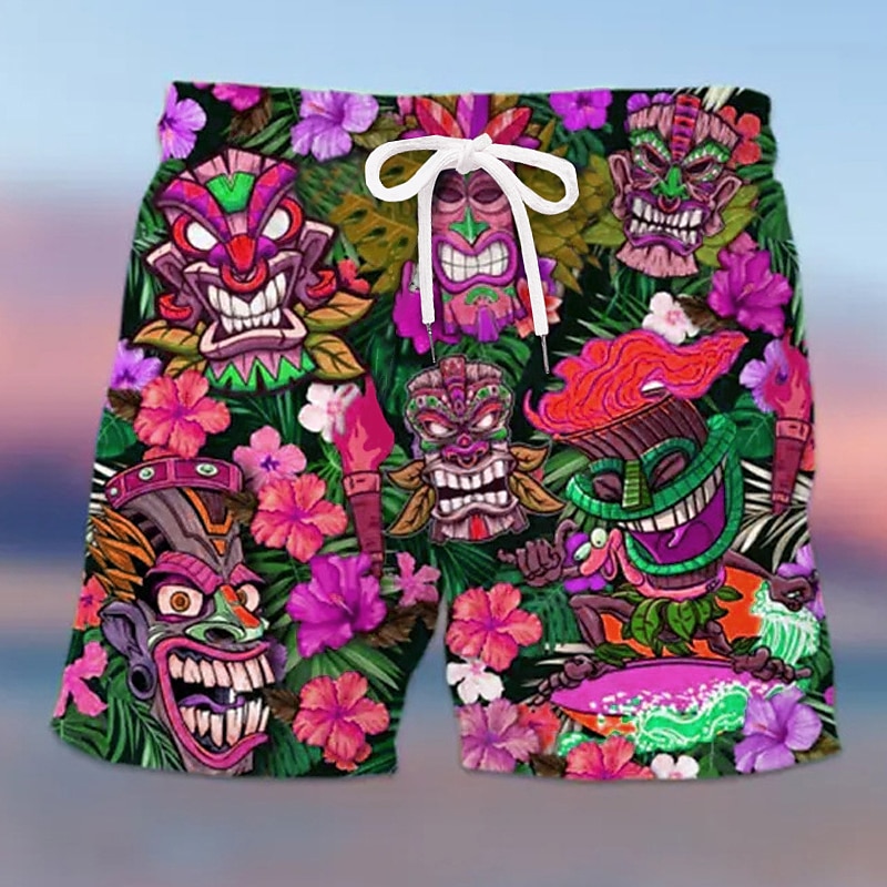 Men's Mask Flower / Plants Swimming Trunks Board Shorts Swim Shorts Mid Waist Hawaiian Ethnic Boho Casual Daily Holiday Drawstring with Mesh lining Elastic Waist Designer Clothing Apparel2