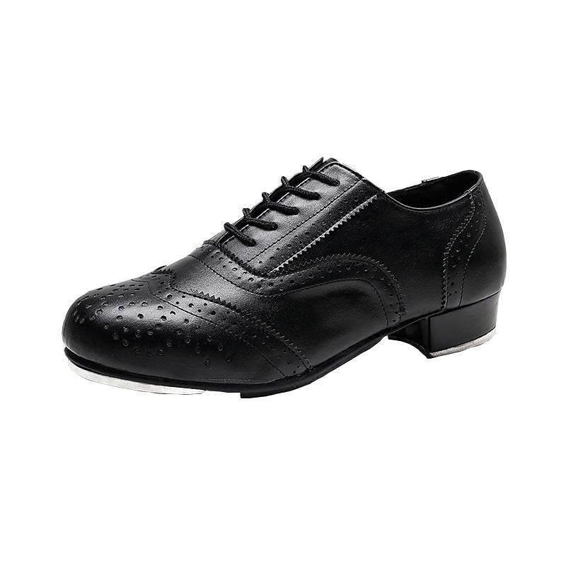 Men's Black and White Oxford Tap Dance Shoes – Classic Faux Leather Lace-Up Shoes with Metal Plates for Professional Performances3