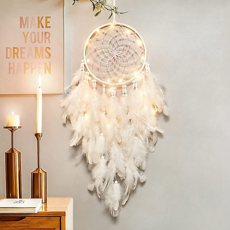 LED Dream Catcher White Feather Fairy Lights Creative Wall Hanging Holiday Bedroom Home Wedding Balcony Garden Decoration Wind Chimes Light Birthday Blessing Gift3