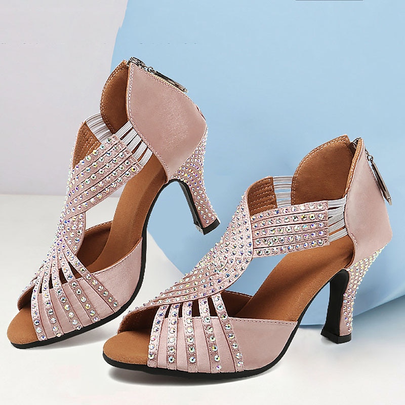 Women's Latin Shoes Ballroom Dance Square Dance Party Collections Fashion Party / Evening Rhinestone Flared Heel Open Toe Zipper Adults' Black Silver Pink3