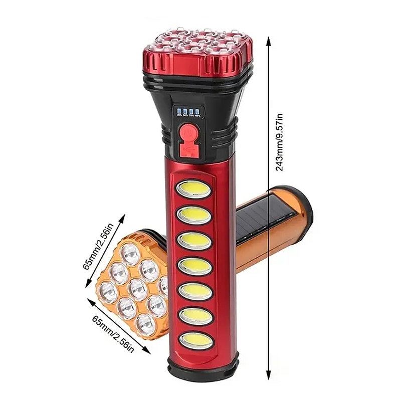 1PC Waterproof USB Charging 9 LED Flashlight With Built-in Battery Solar Torch With Side Light Multi-functional Handheld Lamp For Outdoor Camping Fishing3