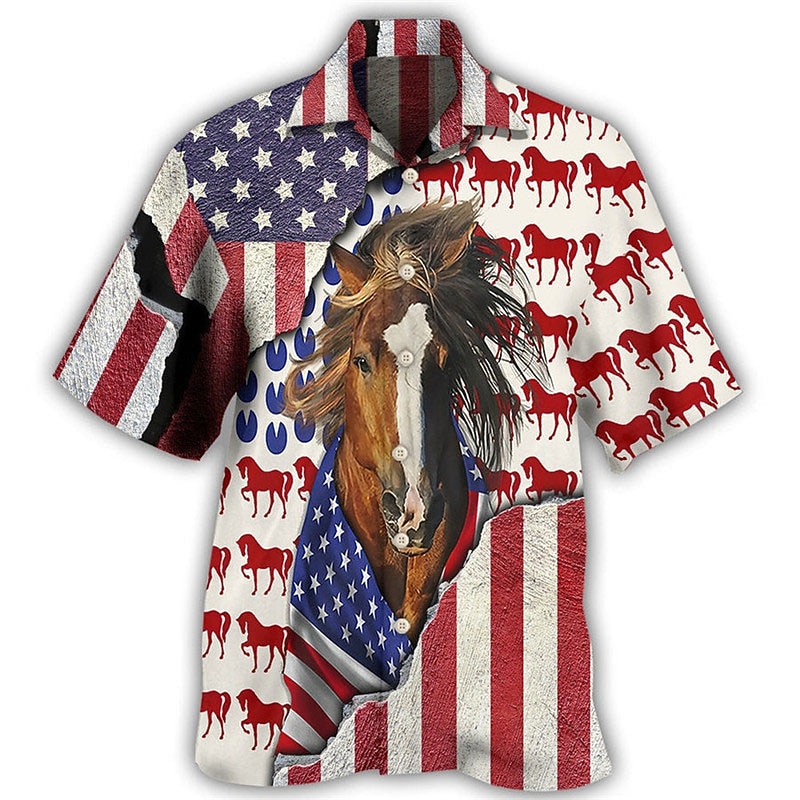 Men's Flag Horse Graphic Prints Shirt Summer Hawaiian Shirt Short Sleeve Shirt Turndown Casual Hawaiian White Red Blue Brown Print Button-Down Clothing Apparel Tropical Fashion Hawaiian Soft3