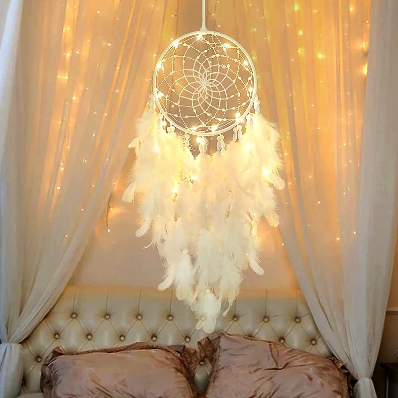 LED Dream Catcher White Feather Fairy Lights Creative Wall Hanging Holiday Bedroom Home Wedding Balcony Garden Decoration Wind Chimes Light Birthday Blessing Gift4