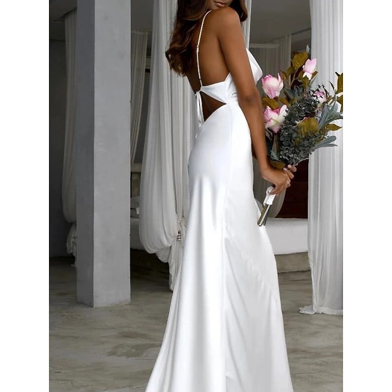 Beach Wedding Beach Casual Simple Wedding Dresses Sheath Square Neck Camisole Spaghetti Strap Sweep / Brush Train Stretch Fabric Bridal Gowns With Ruched Solid Color3