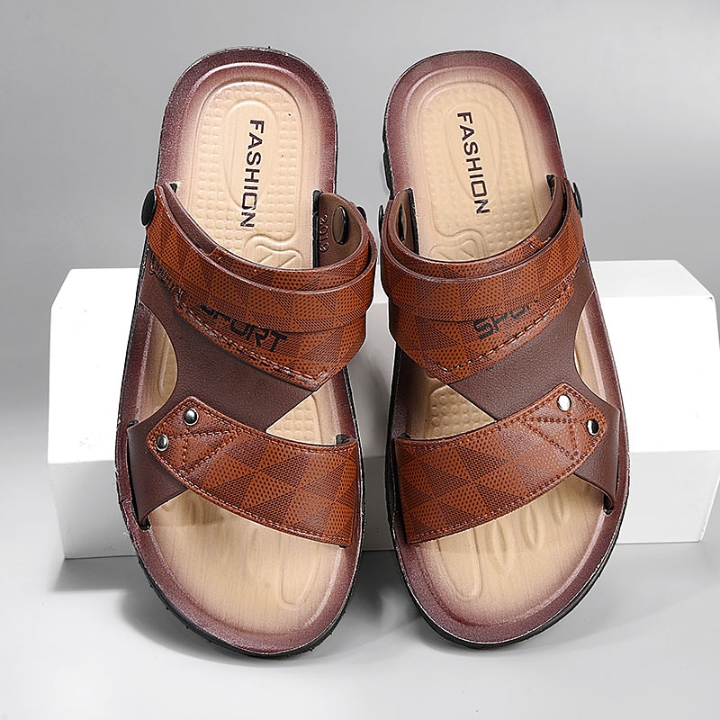 Men's Casual Slip-On Brown Sandals – Lightweight Open-Toe Design with Double Straps and Cushioned Sole