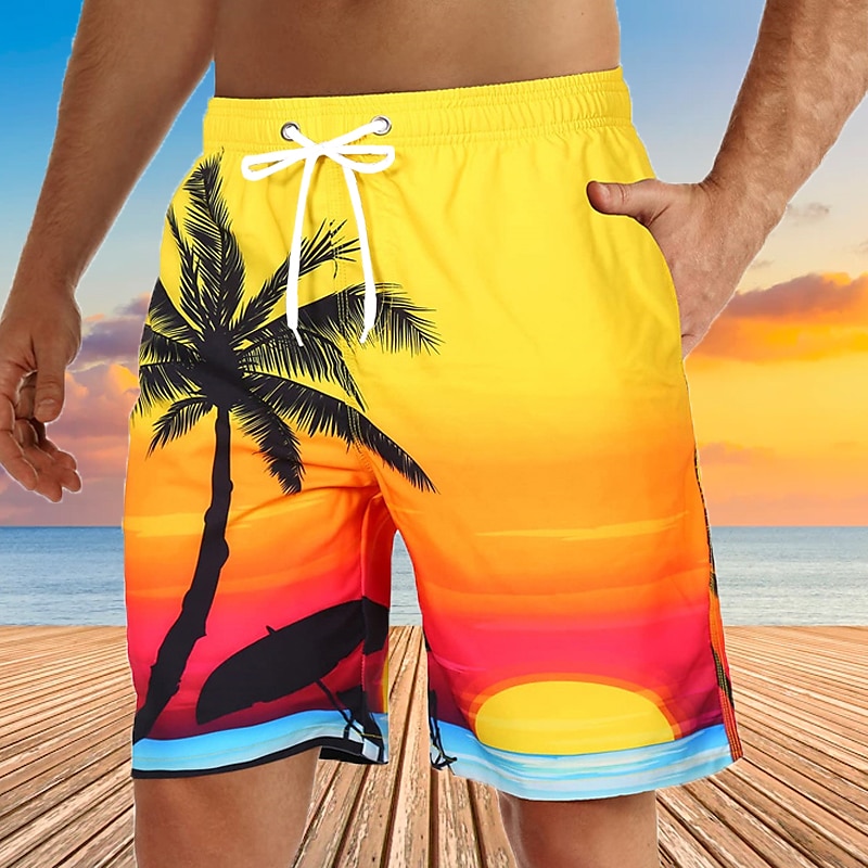 Men's Coconut Tree Sunset Board Shorts Swim Shorts Swim Trunks Mid Waist Hawaiian Boho Holiday Beach Drawstring with Mesh lining Elastic Waist Designer Clothing Apparel3