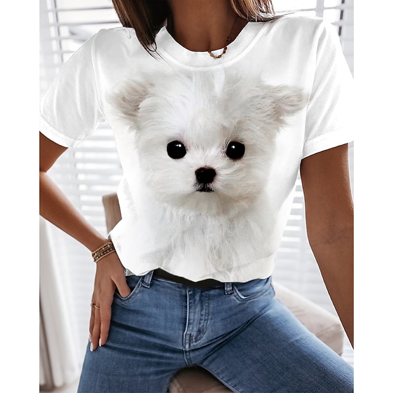 Women's T Shirt Dog Basic Short Sleeve Round Neck Regular Tops Daily Weekend Print Custom Print White Beige Gray2