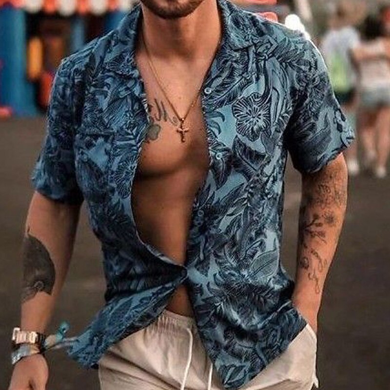Men's Floral Tropical Plants Shirt Summer Shirt Casual Shirt Short Sleeve Shirt Camp Collar Fashion Casual Comfortable Vacation Street Daily Blue Green Dark Grey S M L