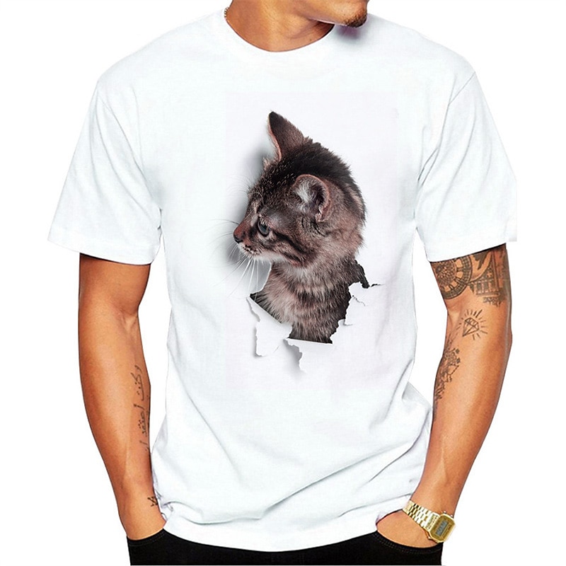 Men's Cool DJ Cat Graphic T-Shirt with Headphones & Sunglasses, White Short Sleeve Tee