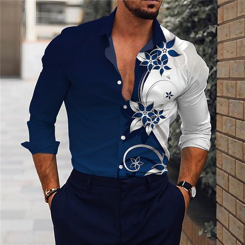 Men's Floral Shirt Button Up Shirt Long Sleeve Sports Fashion Streetwear Outdoor Casual Daily Fall & Winter Turndown Print Button-Down White Navy Blue Blue Gold Gray