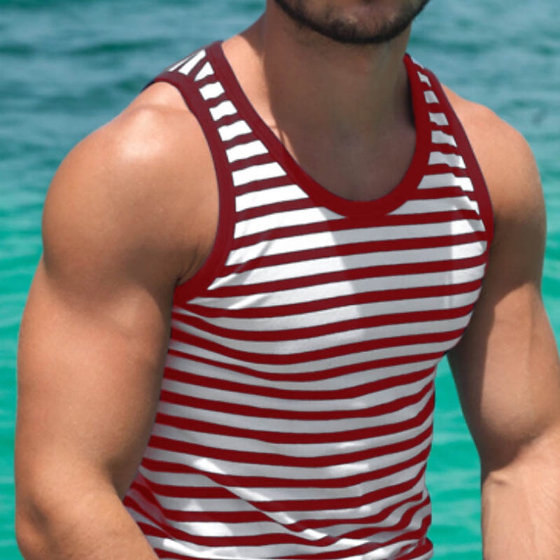 Men's Tank Top Vest Top Undershirt Sleeveless Shirt Sleeveless Crew Neck Summer Striped Fashion Streetwear Athleisure Print Vacation Athleisure Going out Red Blue Green Top Tee for Men