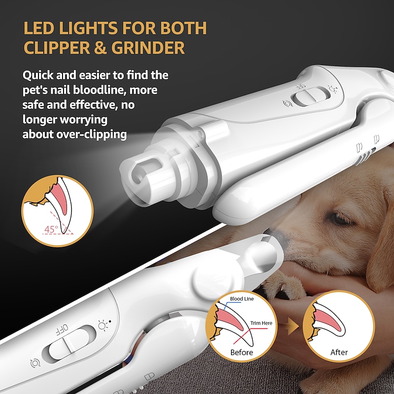 2-in-1 Dog Nail Grinders and Clippers with 2 LED Lights and Safety Guard Rechargeable Electric Pet Nail Grinder Quiet Low Noise for Small Medium Large Dogs and Cats