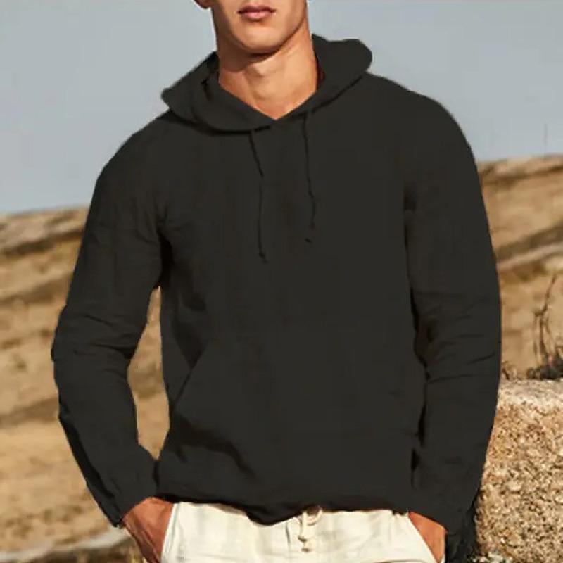 Men's Cotton Linen Shirt White Cotton Shirt Summer Shirt Beach Shirt Plain Casual Daily Black White Blue Long Sleeve Hooded Spring & Summer Clothing Apparel Front Pocket3