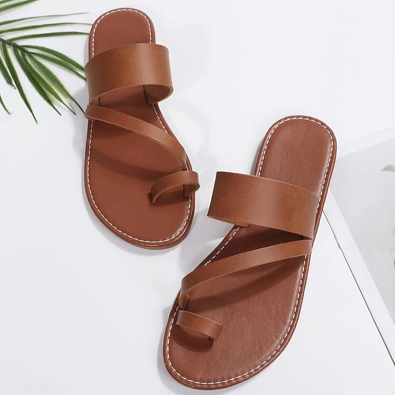 Women's Brown Faux Leather Toe Loop Flat Sandals with Criss-Cross Straps, Casual Summer Slip-On Slides for Vacation, Beach, Backyard, Daily Walking4