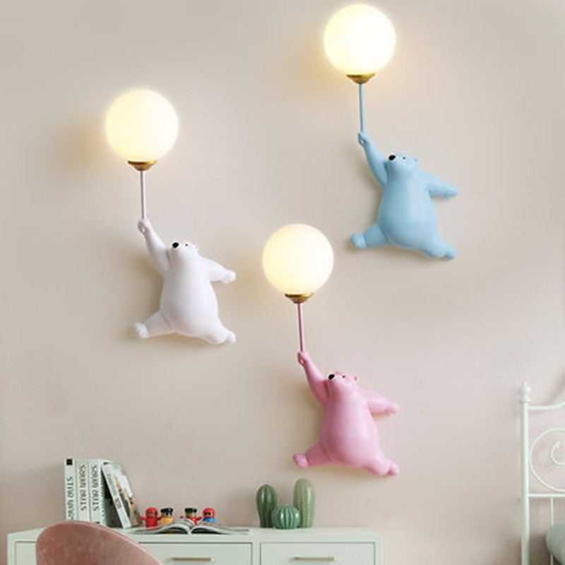 LED Wall Lights Little Cartoon Balloon Bear Cute Wall Lamp for Boy Girl Children's Room Bedroom Wall Sconces with 3D Printing Moon Wall Sconce Lighting