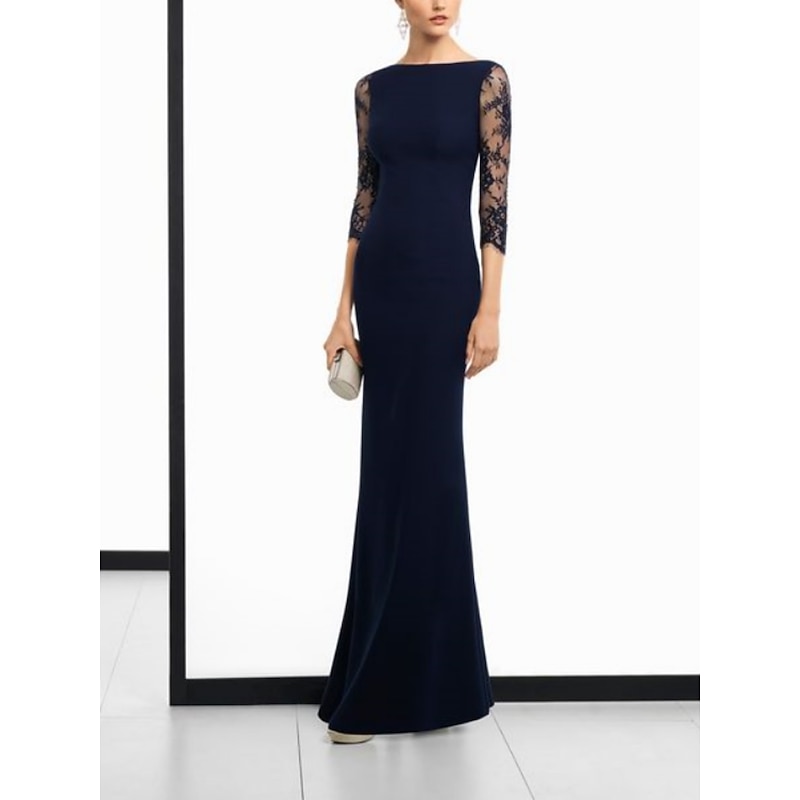 Sheath Mother of the Bride Dress Wedding Guest Vintage Party Scoop Neck Floor Length Lace Stretch Fabric 3/4 Length Sleeve with Solid Color