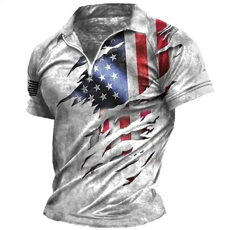 Men's American Flag Veterans Zip Polo Shirts Golf Shirt Short Sleeve Polo Shirts Collared Shirts Casual Streetwear Vacation Wear Party Outfits 3D Print Quarter Zip Polo Black-White Black Red