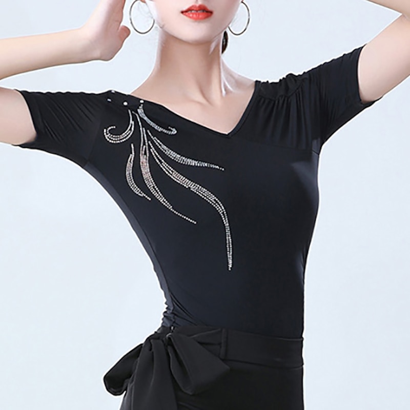 Latin Dance Top Printing Solid Crystals / Rhinestones Women's Training Performance Short Sleeve High Nylon