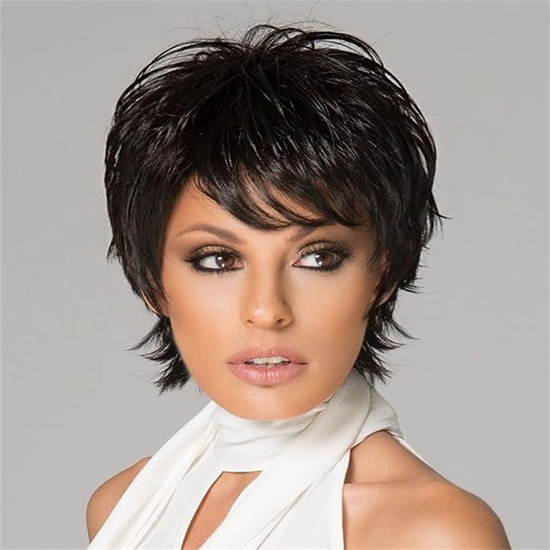 Short Mixed Blonde Wigs for White Women Synthetic Hair Wig with Bangs Pixie Cut Wigs for Women