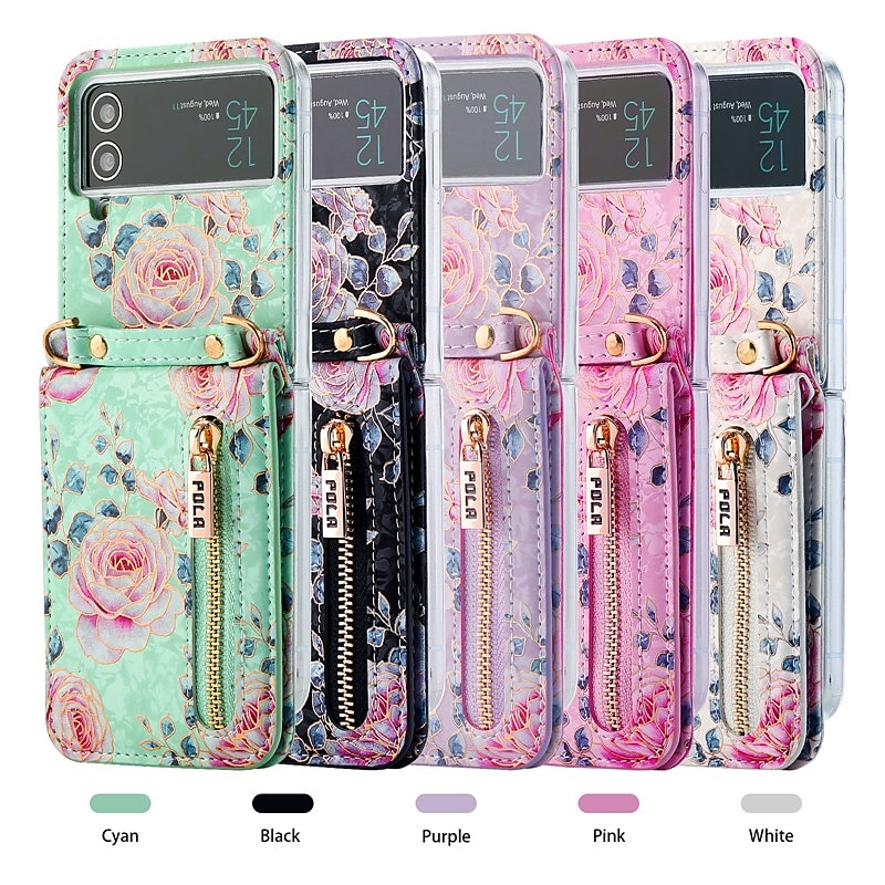 Phone Case For Samsung Galaxy Z Flip 6 Z Flip 5 Z Flip 4 Z Flip 3 Handbag Purse Wallet Case Flip Zipper with Removable Cross Body Strap Graphic Flower PU Leather2